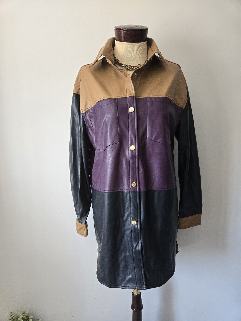 Badgley Mischka NWT Vegan Leather Shirt Jacket in Black, Tan And Purple.